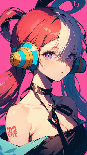 ((uta_onepiece, long hair, headphones, ribbon, twintails,))

(masterpiece:1.3), (best quality:1.3), high resolution, master-piece, bestquality, 1girls,15 years old, (masterpiece:1.2, best quality,), (Soft light), (shiny skin), 1girls, off shoulders,hair, between breasts, medium breast, breasts, choker, cleavage, collarbone, hair, looking at viewer, pink background, facing breasts, , womb tattoo,solo, female_solo,1 girl, 1 girl, one girl,upper body,,sketch,portrait, illustration, fcloseup, face, rgbcolor, emotion