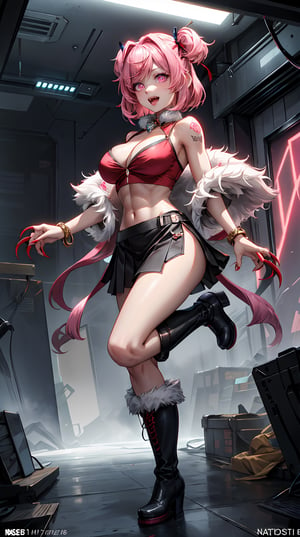 (natsuki, pink eyes, pink hair, two side up, hair ornament, hair ribbon),werewolf girl, ((fluffy skin)), paws on foots, fluffy fur on body, ((fangs)), ((claws)), tight crop top, cleavage, decolette, huge metal bracelets, huge metal collar, high over-the-knee boots, light red extremely_detailed_(lacy, fur, silk, satin)_(clothing, skirt), (light red clothing), detailed face, detailed beautiful shiny eyes, slit pupils, metallic reflections, futuristic city square, (tatooed, marked)_fit_muscular_body, (((1girl))), portrait, (full body), natural breasts, medium length hair, masterpiece, best quality, beautiful and aesthetic:1.2, fractal art:1.4, 16K, HDR, RTX, Ray Tracing, Radiosity, Anisotropic Filtering, Subsurface Scattering,