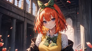 ((NAKANO YOTSUBA, ORANGE HAIR, HAIR BOW, GREEN BOWTIE, YELLOW SWEATER,,)),

masterpiece, best quality, extremely detailed, absurdres, expressive clothes, fine fabric emphasis, ray tracing, fantasy style, 1girl , upper body , portrait , tilted head , hanfu , obi , kimono , (split-color hair:1.4) , off shoulder, pink eyes , Japanese architecture, indoor , light and shadow, crystal flower, crystal,solid warm colors,1 girl, goose feather snow, plum blossom, Arcadia,school uniform