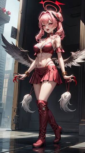 (koharudef),werewolf girl, ((fluffy skin)), paws on foots, fluffy fur on body, ((fangs)), ((claws)), tight crop top, cleavage, decolette, huge metal bracelets, huge metal collar, high over-the-knee boots, light red extremely_detailed_(lacy, fur, silk, satin)_(clothing, skirt), (light red clothing), detailed face, detailed beautiful shiny eyes, slit pupils, metallic reflections, futuristic city square, (tatooed, marked)_fit_muscular_body, (((1girl))), portrait, (full body), natural breasts, medium length hair, masterpiece, best quality, beautiful and aesthetic:1.2, fractal art:1.4, 16K, HDR, RTX, Ray Tracing, Radiosity, Anisotropic Filtering, Subsurface Scattering,