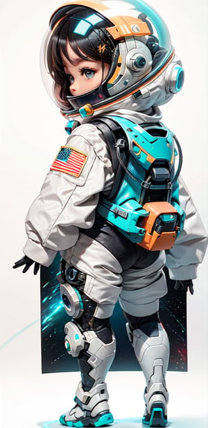 Full Body, Chibi Style Mech Suit, Full Space Helmet, Reflective Materials, Orange, Black, Teal, Space X, NASA, Space Helmet, with glossy visor, Covering face, Bulky clothing, Space themed, Inspired by Eve Online and Starfield, Monochromatic, Extreme Lighting,chibi,lying