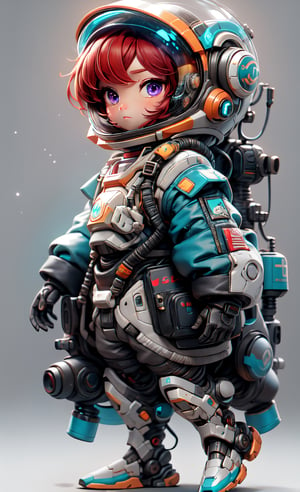 Character facing camera, Front view of character, Chest Plate, Shoulder Pads, Full Body, Chibi Style Mech Suit, Full Space Helmet, Reflective Materials, Orange, Black, Teal, Space X, NASA, Space Helmet, with glossy visor, Covering face, Red hair, Purple Eyes, Bulky clothing, Space themed, Inspired by Eve Online and Starfield, Monochromatic, Extreme Lighting,chibi,lying,Adorable, Grey Background