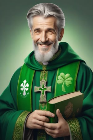 Saint Patrick, orthodox style, a man with gray hair , dressed in a green bishop's outfit ,the man is smiling. holds a clover  shamrock leaf in his right hand, a  book with a cross on the cover in his left hand,  Transparent Background,