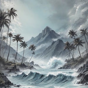 mountain peaks on the stormy sea and a beach with palm trees,Fashion Illustration,Nyantcha style 