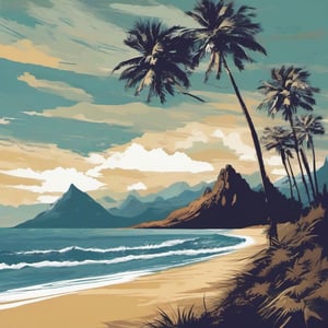 mountain peaks on the stormy sea and a beach with palm trees, greg rutkowski,vector art illustration