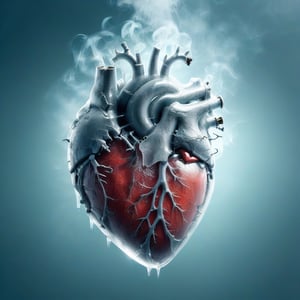 a large heart, transparent, cracked, smoking