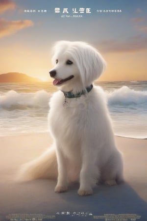 cute, white hair,  female dog on the beach, sits and looks at the waves, smiling,Movie Poster