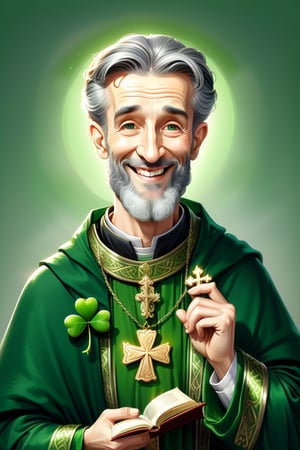 Saint Patrick, orthodox style,icon,  a man with gray hair , holds a clover  shamrock leaf in his right hand,, dressed in a green bishop's outfit ,the man is smiling, a  book with a cross on the cover in his left hand,  Transparent Background,realistic illumination,cartoon