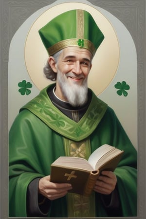 Saint Patrick, orthodox style, a man with gray hair , dressed in a green bishop's outfit ,the man is smiling. holds a clover leaf in his right hand, a closed book with a cross on the cover in his left hand,  Transparent Background.,oil paint