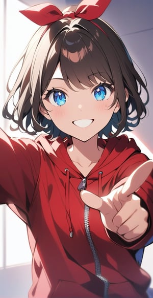 A selfie-style image of an anime girl named Marthita, 19 years old, with short black brown hair and blue eyes. She has lightly tanned skin. She is wearing a zip-up red hoodie, a black shirt, and a red bow on her head. Marthita is smiling and pointing at her mobile phone in the selfie. The background is plain white with no special lighting. The image is in anime style with anime coloring.