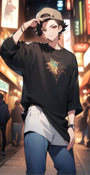 Create an anime-style portrait of a character named Ignatius. He is 20 years old, standing tall at 1.83m, with dark brown hair and matching dark brown eyes. Ignatius has a fair complexion and an athletic build. He is posing for a camera with a confident and friendly expression. Imagine him wearing an oversized black shirt and baggy/stretch jeans, giving him a relaxed and comfortable appearance. Additionally, place a beige cap on his head, adding a casual and urban touch to his outfit. His ensemble is accessorized with a Rolex-style watch on his right wrist and a bracelet adorned with black pearls on his left. His white Nike sneakers are visible in the frame. The background should depict an urban setting with soft city lights in the distance. Focus on capturing Ignatius's personality through his pose and expression, ensuring the anime-style artwork highlights his loose-fitting attire and features.