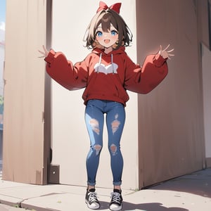 masterpiece, high quality, 8K, high_res, CG style, happy, excited, an anime girl presenting something, beautiful, elegant, very detailed, 1girl, full body, white background,//, (short black brown hair), (blue eyes), lightly tanned skin, slim build, red zip-up hoodie, black shirt, faded jeans, black Converse sneakers, big red bow on head, anime-style