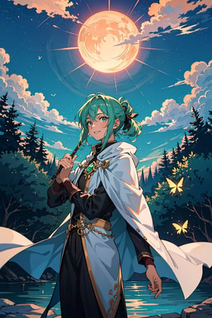 In a realm shrouded in eternal twilight, a mesmerizingly surreal scene unfolds, brimming with hope and vitality. A graceful young man stands on a moss-covered rock, with sunlight filtering through the canopy, casting a vibrant play of light and shadow on his rugged face, adding a touch of mystery. His lush emerald green hair flows gracefully in the breeze, resembling a cascading waterfall, creating gentle waves behind him. His bright and lively eyes sparkle like stars reflecting on a tranquil lake, captivating the hearts of those who behold him.

Butterflies and fireflies dance around him, infusing this artwork with a mesmerizing touch of magic. He wears an elegant long cloak, and its edges sway gracefully as he moves, resembling soft clouds floating in the sky. In his hand, he gently holds an elegant staff, its crystal tip shimmering with a subtle glow, hinting at its boundless power.

This painting, crafted in watercolors, is presented in a 16:9 widescreen aspect ratio, adding an artistic dimension to the entire scene. The protagonist, with his long emerald green hair tied up in a ponytail and adorned with cat ears, exudes an aura of maturity and elegance.

In this scene filled with hope, the young man stands tall amidst a beautiful natural landscape, adorned with blooming flowers and melodious bird songs. His presence radiates energy, and his hopeful smile seems to convey hope to every viewer.

The sky is immersed in a golden radiance, creating a captivating atmosphere. The moon transforms into a charming full moon, emitting a gentle glow that illuminates the surroundings. Its gaze appears to infuse hope into the hearts of those fortunate enough to witness this beautiful moment.

The scene is cleverly captured in a medium shot, drawing viewers into this vibrant environment. The background is artfully blurred, adding an ethereal quality, creating an almost dreamlike vision of hope and vitality.

In "Radiance of Hope," viewers are transported to a world teeming with life and resilience, where hope conquers all. The magnificent backdrop and the captivating ambiance provoke contemplation on the beauty of life and the perseverance it demands. As the young man embraces the future with unwavering optimism, viewers are also led to ponder the preciousness of life and the sacrifices made to safeguard hope and dignity.