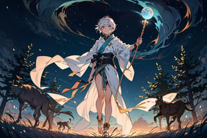 In a realm shrouded in eternal starlight, unfolds a fascinating and magical scene, brimming with wonder and mystery. A tall and graceful young man stands amidst the depths of a forest, illuminated by the soft glow of starlight filtering through the leaves, casting a radiant shimmer on his lustrous silver hair. His eyes resemble the profound night sky, twinkling with an enigmatic gleam that captivates all who behold it.

The stars surround him, countless glimmering particles, adding a touch of mystique to the artwork. He dons a flowing robe, swaying gently with the breeze, akin to a grand tapestry of stars. In his hand, he holds an ancient staff, emitting an aura of timeless magic, as if brimming with boundless energy.

This mesmerizing artwork is crafted with ink and watercolors, presented in a 16:9 widescreen aspect ratio, creating an atmosphere of artistic enchantment. The central figure is a young sorcerer with silver hair and mysterious eyes, infusing the entire scene with an air of magic and wonder.

Within this fantastical setting, the young sorcerer stands amidst a forest illuminated by the radiant stars, the lush trees providing a canopy of greenery. The starlight bestows an ethereal glow, and the sorcerer's presence exudes an aura of mystery, his confident smile seemingly inviting viewers on an endless journey of exploration and astonishment.

The stars reflect their brilliance upon a serene lake nearby, its surface resembling a mirror, mirroring the enchanting light of the stars above. Hovering in the night sky, a luminous moon casts its warm and alluring glow, enhancing the scene's sense of mystique.

This immersive scene captures the essence of a magical night, as if the audience is transported into a realm of fantastical stars. The intricately depicted details create an ambiance of wonder and mystery, inviting viewers to indulge in a dreamlike experience.

In "Starry Enchantment," viewers are drawn into a world of mystery and boundless magic, embarking on a quest for the unknown. The fusion of starlight and enchantment ignites a sense of curiosity and adventure. As the sorcerer wields his staff with determination, the audience is led to contemplate the wonders of life, the pursuit of dreams, and the growth and wisdom gained through exploration and discovery.