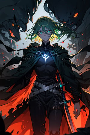 In a realm veiled by eternal shadows, a scene of eerie vitality unfolds. An ominous Black Knight stands amidst a desolate desert, his emerald green hair billowing in the wind like dark flames. His eyes, profound and chilling, radiate an icy, merciless glare capable of piercing the soul.

Surrounding him lies a landscape mysterious and unsettling, shrouded by a suffocating miasma. Clutched in his hand is a sharp obsidian longsword, its blade gleaming with a crimson hue, exuding an aura of malevolence.

Rendered in shades of deep black, the artwork evokes a sense of dread. The Black Knight's features exude a malevolent presence, while his emerald green hair shines brilliantly against the darkness.

In this haunting scene, the Black Knight stands amidst a desolate desert where silence reigns supreme. Darkness envelopes the surroundings, with only the faint glow from his sword illuminating the scene. The environment exudes terror and despair, as the malevolent power seems to lurk in every corner.

The sky is pitch black, devoid of stars, enveloping the entire environment in an aura of horror. The pervasive malevolence hangs heavy in the air.

This scene is presented in a close-up format, drawing viewers into the profound gaze of the Black Knight and the hidden darkness within his sword. Sinister patterns adorning the canvas create an eerie ambiance.

In "Shadow of Ruin," the audience is transported into a world steeped in malevolence, where the presence of the Black Knight is chilling. The environment is suffused with suffocating darkness, immersing viewers in an unsettling experience. The obsidian sword wielded by the Black Knight appears to harbor boundless malevolent power, prompting contemplation on the nature of darkness and terror. Boldly, it delves into the essence of malevolence.