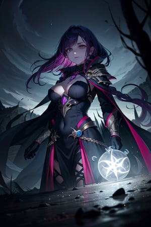 In a realm shrouded in eternal darkness, a sinister and malevolent scene unfolds. An evil sorceress with vibrant purple hair stands tall on a desolate mountaintop, clad in a black robe, her hair flowing in the howling winds. Her eyes are as deep as abysses, seemingly capable of devouring everything in their path.

Surrounding her is a eerie and terrifying landscape, enveloped in suffocating miasma. In her hand, she clutches an ancient spellbook, its pages filled with malevolent incantations, emitting an ominous glow.

This artwork is rendered in shades of ink-black, creating a chilling atmosphere. The sorceress's features exude a sinister and malevolent aura, and her purple hair appears striking against the darkness.

In this dreadful setting, the sorceress stands amidst a desolate wasteland, where silence reigns supreme. The darkness engulfs the surroundings, with only the eerie glow from her spellbook illuminating the scene. The environment exudes terror and despair, as the malevolent power seems to lurk in every corner.

The sky is pitch-black, devoid of stars, seemingly forever swallowed by the darkness. The entire environment is filled with an aura of horror, and the malevolent force seems omnipresent.

This scene is presented in a close-up format, allowing the viewers to feel the sorceress's profound gaze and the hidden darkness within her spellbook. The inky canvas is adorned with sinister patterns, creating a spine-chilling ambiance.

In "Dark Incantations," the audience is immersed in a world of evil, where the sorceress's presence is enigmatic and sinister. The environment is filled with suffocating darkness, leading the viewers into an unsettling experience. The sorceress's spellbook appears to hold boundless malevolent power, prompting contemplation on the nature of darkness and terror. Boldly, it explores the essence of evil.