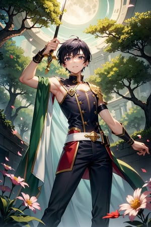 In a realm shrouded in eternal twilight, unfolds a mesmerizingly surreal scene filled with hope and vitality. A graceful swordsman stands poised on a moss-covered rock, rays of sunlight filtering through the canopy above, creating a dappled pattern on the ground. Butterflies and fireflies dance around him, adding a magical touch to the artwork. This painting is crafted in watercolors, presented in a 16:9 widescreen aspect ratio, and the protagonist is ASHER (inspired by the anime "Sword Art Online").

In this hopeful setting, the swordsman stands tall amidst a desolate landscape adorned with blooming flowers and resonating melodies. Their collective presence exudes energy, and their faces are adorned with smiles full of hope.

The sky is immersed in a golden hue, mirroring the hopeful scene below. The moon transforms into a captivating specter, a perfect circle emitting a warm glow, casting a mesmerizing light upon the surroundings. Its gaze seems to infuse hope into the souls of those fortunate enough to witness this beautiful tableau.

The scene is masterfully captured in a medium shot, drawing viewers into the heart of the vibrant setting. The use of bokeh adds an ethereal, epic quality to the atmosphere, blurring the edges of the enchanting scene, creating an almost dreamlike vision of hope and vitality.

In "Radiance of Hope," viewers are transported to a world brimming with vitality, where hope prevails. The juxtaposition of magnificence and anticipation prompts contemplation of the beauty of life and the price of perseverance. As the swordsman embraces the future, the audience is left to ponder the precious nature of life and the sacrifices made in the pursuit of hope and honor. Mecha boy, blue short hair, weapon.

The protagonist in the painting is ASHER (inspired by the anime "Fate"), weapon.