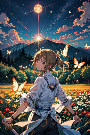 In a realm shrouded in eternal twilight, unfolds a mesmerizingly surreal scene filled with hope and vitality. A graceful swordsman stands poised on a moss-covered rock, rays of sunlight filtering through the canopy above, creating a dappled pattern on the ground. Butterflies and fireflies dance around her, adding a magical touch to the artwork. This painting is crafted in watercolors, presented in a 16:9 widescreen aspect ratio, and the protagonist is ASNA (Asuna) (inspired by the anime "Sword Art Online").

In this hopeful setting, the swordsman stands tall amidst a desolate landscape adorned with blooming flowers and resonating melodies. Their collective presence exudes energy, and their faces are adorned with smiles full of hope.

The sky is immersed in a golden hue, mirroring the hopeful scene below. The moon transforms into a captivating specter, a perfect circle emitting a warm glow, casting a mesmerizing light upon the surroundings. Its gaze seems to infuse hope into the souls of those fortunate enough to witness this beautiful tableau.

The scene is masterfully captured in a medium shot, drawing viewers into the heart of the vibrant setting. The use of bokeh adds an ethereal, epic quality to the atmosphere, blurring the edges of the enchanting scene, creating an almost dreamlike vision of hope and vitality.

In "Radiance of Hope," viewers are transported to a world brimming with vitality, where hope prevails. The juxtaposition of magnificence and anticipation prompts contemplation of the beauty of life and the price of perseverance. As the swordsman embraces the future, the audience is left to ponder the precious nature of life and the sacrifices made in the pursuit of hope and honor.,mecha musume,twin tails,weapon

The protagonist in the painting is Nero (inspired by the anime "Fate"),weapon