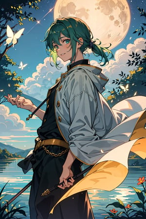 In a realm shrouded in eternal twilight, a mesmerizingly surreal scene unfolds, brimming with hope and vitality. A graceful young man stands on a moss-covered rock, with sunlight filtering through the canopy, casting a vibrant play of light and shadow on his rugged face, adding a touch of mystery. His lush emerald green hair flows gracefully in the breeze, resembling a cascading waterfall, creating gentle waves behind him. His bright and lively eyes sparkle like stars reflecting on a tranquil lake, captivating the hearts of those who behold him.

Butterflies and fireflies dance around him, infusing this artwork with a mesmerizing touch of magic. He wears an elegant long cloak, and its edges sway gracefully as he moves, resembling soft clouds floating in the sky. In his hand, he gently holds an elegant staff, its crystal tip shimmering with a subtle glow, hinting at its boundless power.

This painting, crafted in watercolors, is presented in a 16:9 widescreen aspect ratio, adding an artistic dimension to the entire scene. The protagonist, with his long emerald green hair tied up in a ponytail and adorned with cat ears, exudes an aura of maturity and elegance.

In this scene filled with hope, the young man stands tall amidst a beautiful natural landscape, adorned with blooming flowers and melodious bird songs. His presence radiates energy, and his hopeful smile seems to convey hope to every viewer.

The sky is immersed in a golden radiance, creating a captivating atmosphere. The moon transforms into a charming full moon, emitting a gentle glow that illuminates the surroundings. Its gaze appears to infuse hope into the hearts of those fortunate enough to witness this beautiful moment.

The scene is cleverly captured in a medium shot, drawing viewers into this vibrant environment. The background is artfully blurred, adding an ethereal quality, creating an almost dreamlike vision of hope and vitality.

In "Radiance of Hope," viewers are transported to a world teeming with life and resilience, where hope conquers all. The magnificent backdrop and the captivating ambiance provoke contemplation on the beauty of life and the perseverance it demands. As the young man embraces the future with unwavering optimism, viewers are also led to ponder the preciousness of life and the sacrifices made to safeguard hope and dignity.