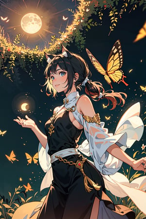 In a realm enveloped by eternal twilight, unfolds a captivatingly surreal scene, brimming with hope and vitality. A graceful young girl stands upon a moss-covered rock, sunlight filtering through the canopy, casting a vibrant play of colors on the ground. Butterflies and fireflies dance around her, lending an enchanting touch to the artwork. This painting is crafted in watercolors, presented in a 16:9 widescreen aspect ratio, and the protagonist is a young girl with long green hair tied up in a ponytail, adorned with cat ears, possessing a mature appearance and demeanor.

In this hopeful setting, the girl stands tall amidst a desolate landscape adorned with blooming flowers and resonating melodies. Her presence exudes energy, and her face bears a hopeful smile.

The sky is immersed in a golden glow, mirroring the hopeful scene below. The moon transforms into a captivating specter, a perfect circle emitting a warm radiance, casting a mesmerizing light upon the surroundings. Its gaze seems to infuse hope into the fortunate souls witnessing this beautiful tableau.

The scene is masterfully captured in a medium shot, drawing viewers into the heart of the vibrant setting. The use of bokeh adds an ethereal, otherworldly quality to the atmosphere, blurring the edges of the enchanting scene, creating an almost dreamlike vision of hope and vitality.

In "Radiance of Hope," viewers are transported to a world teeming with vitality, where hope conquers all. The juxtaposition of grandeur and anticipation prompts contemplation of the beauty of life and the price of perseverance. As the young girl embraces the future, the audience is left to ponder the precious nature of life and the sacrifices made in the pursuit of hope and honor.