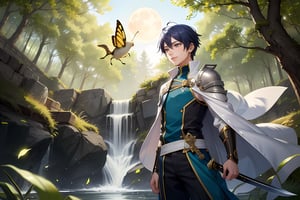 In a realm shrouded in eternal twilight, unfolds a mesmerizingly surreal scene filled with hope and vitality. A graceful swordsman stands poised on a moss-covered rock, rays of sunlight filtering through the canopy above, creating a dappled pattern on the ground. Butterflies and fireflies dance around him, adding a magical touch to the artwork. This painting is crafted in watercolors, presented in a 16:9 widescreen aspect ratio, and the protagonist is ASHER (inspired by the anime "Sword Art Online").

In this hopeful setting, the swordsman stands tall amidst a desolate landscape adorned with blooming flowers and resonating melodies. Their collective presence exudes energy, and their faces are adorned with smiles full of hope.

The sky is immersed in a golden hue, mirroring the hopeful scene below. The moon transforms into a captivating specter, a perfect circle emitting a warm glow, casting a mesmerizing light upon the surroundings. Its gaze seems to infuse hope into the souls of those fortunate enough to witness this beautiful tableau.

The scene is masterfully captured in a medium shot, drawing viewers into the heart of the vibrant setting. The use of bokeh adds an ethereal, epic quality to the atmosphere, blurring the edges of the enchanting scene, creating an almost dreamlike vision of hope and vitality.

In "Radiance of Hope," viewers are transported to a world brimming with vitality, where hope prevails. The juxtaposition of magnificence and anticipation prompts contemplation of the beauty of life and the price of perseverance. As the swordsman embraces the future, the audience is left to ponder the precious nature of life and the sacrifices made in the pursuit of hope and honor. Mecha boy, blue short hair, weapon.

The protagonist in the painting is ASHER (inspired by the anime "Fate"), weapon.