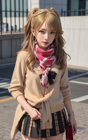 ((masterpiece, best quality)), (masterpiece:1.2), ultra detailed, best quality, , Aihara, gyaru,white uniform, scarf, bowtie, shops, street, blush, looking at viewer, cowboy_shot, full_body, index_finger_raised, 5_fignered