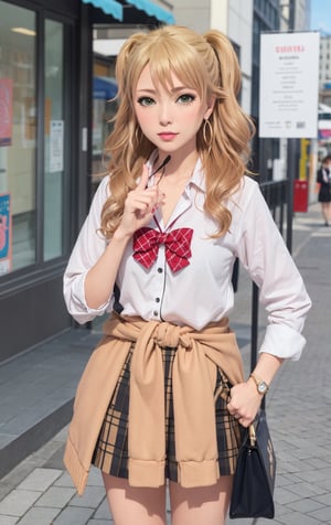 ((masterpiece, best quality)), (masterpiece:1.2), ultra detailed, best quality, , Aihara, gyaru,white uniform, bowtie, shops, street, blush, looking at viewer, cowboy_shot, full_body, index_finger_raised, 5_fignered,girl