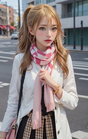 ((masterpiece, best quality)), (masterpiece:1.2), ultra detailed, best quality, , Aihara, gyaru,white uniform, scarf, bowtie, shops, street, blush, looking at viewer, cowboy_shot, full_body, index_finger_raised, 5_fignered