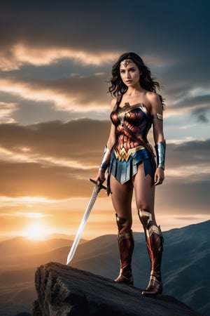 photography full body of a beautiful Gal Gadot 25 years old as wonder woman of DC  black hair, whit a sword in a hand wearing a custom of wonder woman stand up in a mountain at sunset whit Athenas as background in 4k,OHWX,better photography