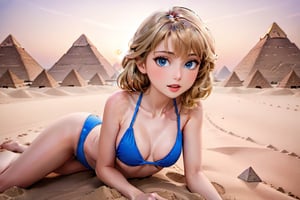 cartoon body of a beautiful Taylor Swift 26 years old ,blonde hair, blue eyes  wearing a skimpy blue bikini laying in the sand in the Cairo, Egypt at sunset whit the pyramids of Egypt as background in 4k,TaylorSwift,disney pixar style,better photography