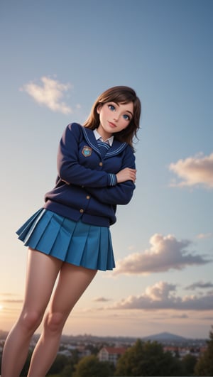 a cartoon full body of a beautiful caucasian girl 19 years old ,brown small hair, blue eyes, wearing a skimpy blue school uniform and blue miniskirt stand up in a college at sunset  as background in 4k,Extremely Realistic,photorealistic,disney pixar style,photo r3al, score_9_up