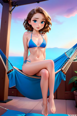 a cartoon full body of a beautiful caucasian girl 26 years old ,brown hair, blue eyes  wearing a skimpy blue bikini sitting on a hammock in a hotel at sunset whit a pool as background in 4k,disney pixar style,SFW