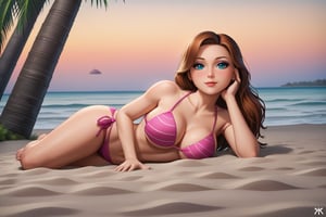 cartoon full body of a beautiful caucasian girl 26 years old ,brown hair, blue eyes  wearing a skimpy pink bikini laying in the sand in miami beach  at sunset whit the city  as background in 4k,TaylorSwift,disney pixar style,better photography,Extremely Realistic,SFW