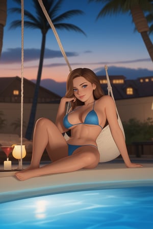 a cartoon full body of a beautiful caucasian girl 26 years old ,brown hair, blue eyes  wearing a skimpy blue bikini sitting on a hammock in a hotel at sunset whit a pool as background in 4k,disney pixar style