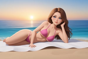 cartoon full body of a beautiful caucasian girl 26 years old ,brown hair, blue eyes  wearing a skimpy pink bikini laying in the sand in miami beach  at sunset whit the city  as background in 4k,TaylorSwift,disney pixar style,better photography,Extremely Realistic