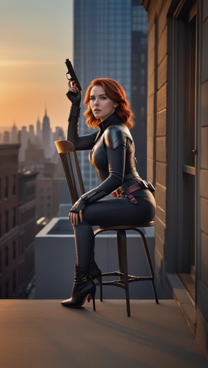 Scarlett Johansson, 25, as Black Widow, sits regally in a chair on the edge of a Manhattan balcony, as the setting sun paints the cityscape with warm hues. Her striking red hair cascades down her back like a fiery waterfall. The soft golden light of sunset casts a flattering glow on her porcelain skin, while the city's steel and stone structures provide a sleek backdrop. In 4K resolution, every detail is crisp and vivid: from the delicate curve of her fingers to the determined set of her jaw.,scarlett johansson