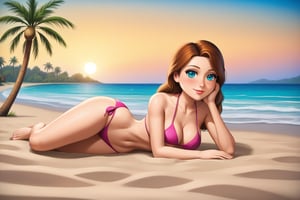 cartoon full body of a beautiful caucasian girl 26 years old ,brown hair, blue eyes  wearing a skimpy pink bikini laying in the sand in miami beach  at sunset whit the city  as background in 4k,TaylorSwift,disney pixar style,better photography,Extremely Realistic,SFW