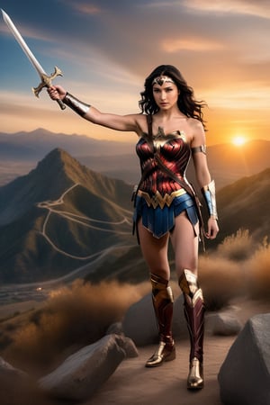 photography full body of a beautiful Gal Gadot 25 years old as wonder woman of DC  black hair, whit a sword in a hand wearing a custom of wonder woman stand up in a mountain at sunset whit Athenas as background in 4k,OHWX