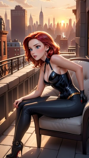a  cartoon  of Scarlett Johansson, 25, as Black Widow, sits regally in a chair on the edge of a Manhattan balcony, as the setting sun paints the cityscape with warm hues. Her striking red hair cascades down her back like a fiery waterfall. The soft golden light of sunset casts a flattering glow on her porcelain skin, while the city's steel and stone structures provide a sleek backdrop. In 4K resolution, every detail is crisp and vivid: from the delicate curve of her fingers to the determined set of her jaw.,scarlett johansson,disney pixar style