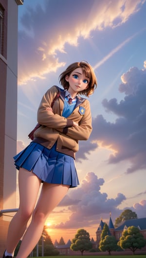 a cartoon full body of a beautiful caucasian girl 19 years old ,brown small hair, blue eyes, wearing a skimpy blue school uniform and blue miniskirt stand up in a college at sunset  as background in 4k,Extremely Realistic,photorealistic,disney pixar style,photo r3al, score_9_up