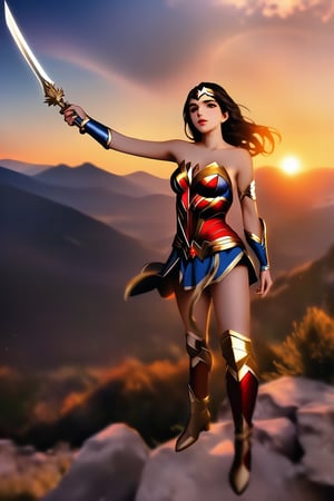 cartoon full body of a beautiful Gal Gadot 25 years old as wonder woman of DC  black hair, whit a sword in a hand wearing a custom of wonder woman stand up in a mountain at sunset whit Athenas as background in 4k,OHWX,better photography,OHWX WOMEN 