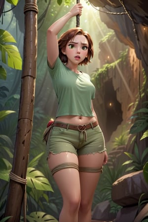 cartoon  full body of a beautiful Scarlett  Johansson 25 years old brown hair, wearing a green T-shirt, green jeans shorts whit the hands tied a pole stand up in a cave in the jungle at morning whit lightin natural as background in 4k,OHWX,better photography,disney pixar style