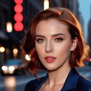 portrait full body of a beautiful Scarlett Johansson 25 years old , red hair, blue eyes, wearing a skimpy custom of black widow of Marvel stand up in a street of manhatan in New York at sunset whit the city and lighting natural as background in 4k.