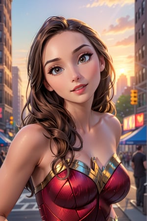 cartoon full body of a beautiful Gal Gadot  26 years old ,brown hair, brown eyes  wearing a skimpy custom of wonder woman DC stand up at sunset  in a street of New york at sunset as background in 4k,ScarlettJohansson,disney pixar style,better photography,OHWX