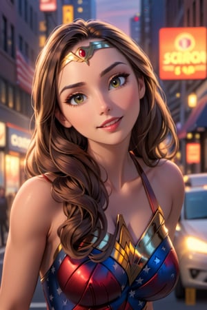 cartoon full body of a beautiful Gal Gadot  26 years old ,brown hair, brown eyes  wearing a skimpy custom of wonder woman DC stand up at sunset  in a street of New york at sunset as background in 4k,ScarlettJohansson,disney pixar style,better photography,OHWX