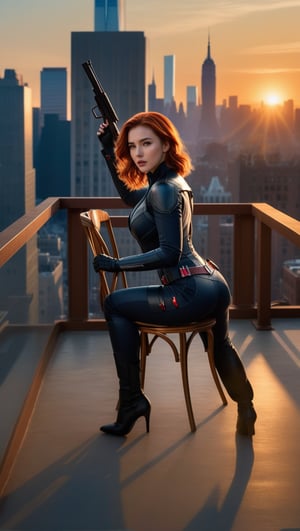 Scarlett Johansson, 25, as Black Widow, sits regally in a chair on the edge of a Manhattan balcony, as the setting sun paints the cityscape with warm hues. Her striking red hair cascades down her back like a fiery waterfall. The soft golden light of sunset casts a flattering glow on her porcelain skin, while the city's steel and stone structures provide a sleek backdrop. In 4K resolution, every detail is crisp and vivid: from the delicate curve of her fingers to the determined set of her jaw.,scarlett johansson