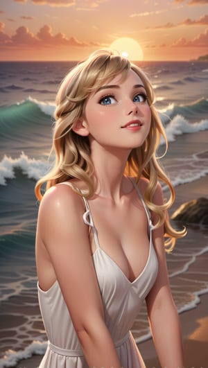 cartoon of Taylor Swift, 23, stands confidently on a sun-kissed beach at golden hour. Her bright blonde curls cascade down her back like honeycombed waves. Her features are radiant under a fiery sunset sky, red lips glistening with a subtle smile. A flowing white dress hugs her curves, the sea breeze rustling its delicate folds as she gazes out towards the horizon.,TaylorSwift,Taylor Swift woman,photo r3al,disney pixar style,Extremely Realistic