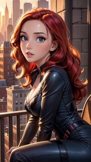 a  cartoon  of Scarlett Johansson, 25, as Black Widow, sits regally in a chair on the edge of a Manhattan balcony, as the setting sun paints the cityscape with warm hues. Her striking red hair cascades down her back like a fiery waterfall. The soft golden light of sunset casts a flattering glow on her porcelain skin, while the city's steel and stone structures provide a sleek backdrop. In 4K resolution, every detail is crisp and vivid: from the delicate curve of her fingers to the determined set of her jaw.,scarlett johansson,disney pixar style,photo r3al