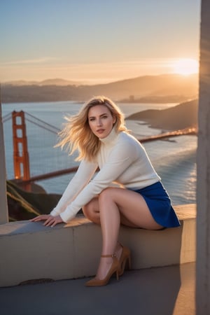 photography  full body of a beautiful Scarlett Johansson 25 years old , blonde hair, blue eyes, wearing a skimpy white wool sweater and blue miniskirt sitting in a little wall at sunset whit the golden gate bridge in San Francisno whit lighting natural as background in 4k ,OHWX,ScarlettJohansson
