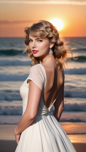 Taylor Swift, 23, stands confidently on a sun-kissed beach at golden hour. Her bright blonde curls cascade down her back like honeycombed waves. Her features are radiant under a fiery sunset sky, red lips glistening with a subtle smile. A flowing white dress hugs her curves, the sea breeze rustling its delicate folds as she gazes out towards the horizon.,TaylorSwift,Taylor Swift woman,photo r3al